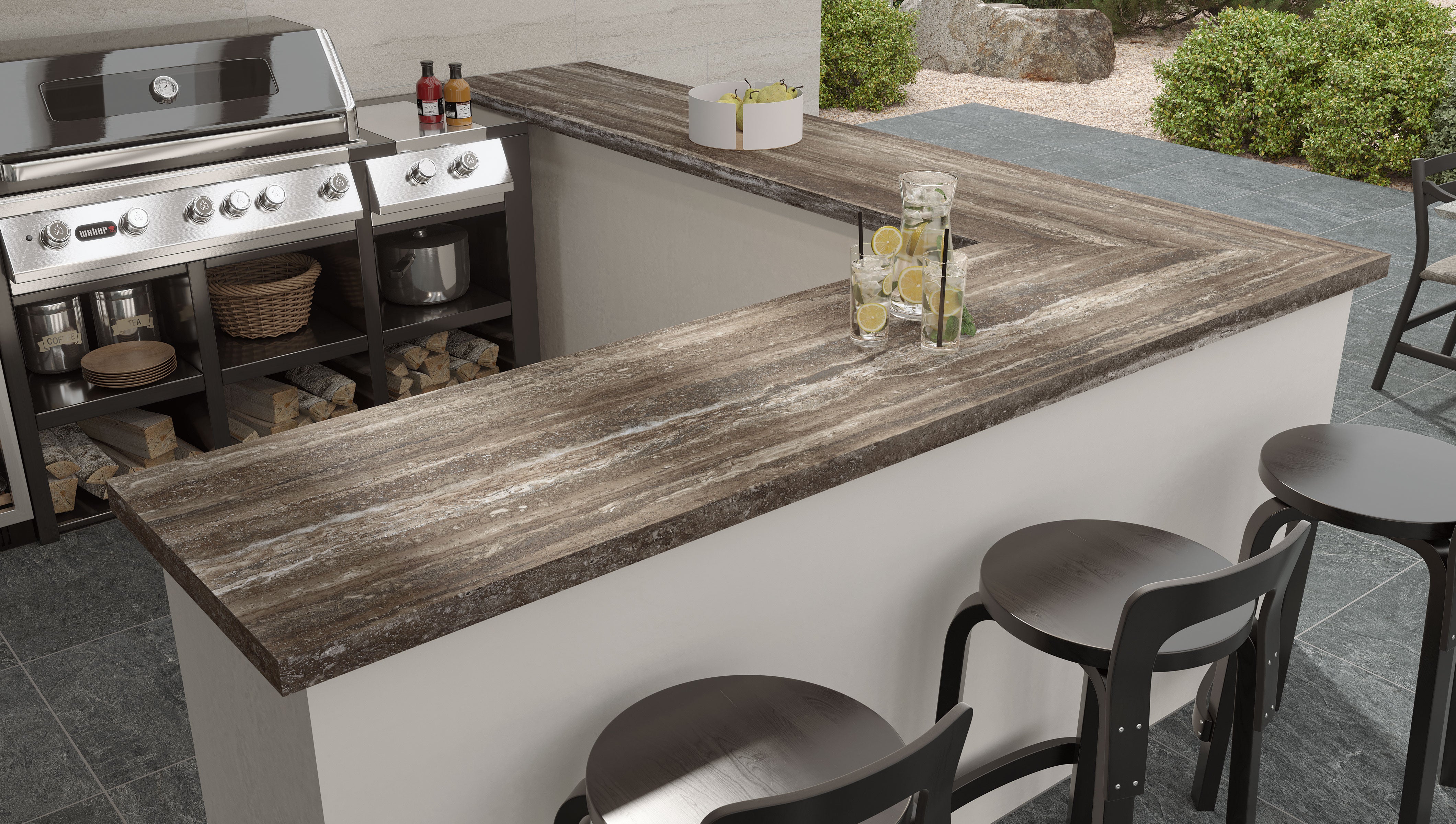 Travertine Pre-Fab 25.5x96 L-Shaped Top Matte Porcelain Tile in Titanium