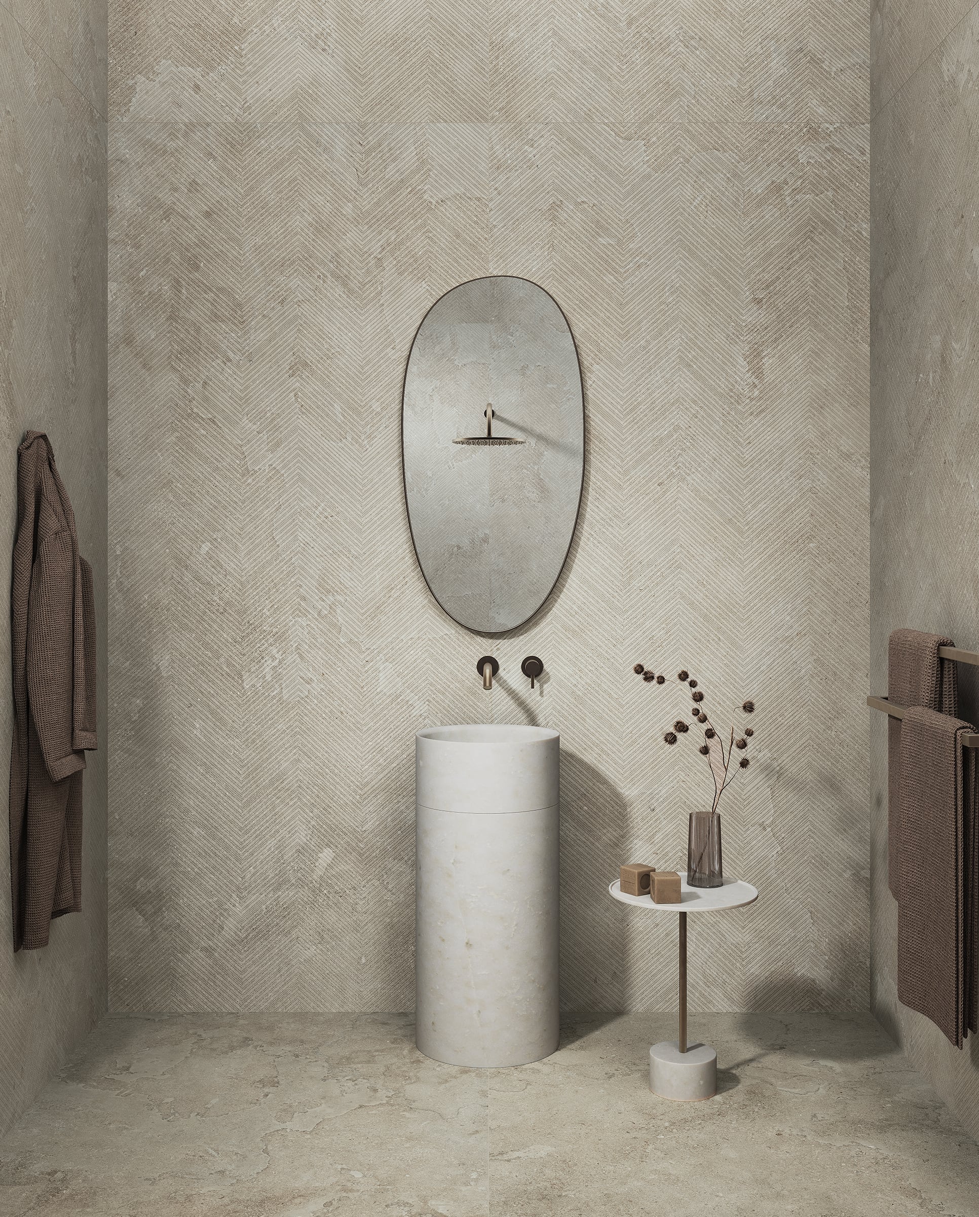 MILE_stone_EcoStone_Mist_Cross_Cut_Chevron_Deco_48x110_Wall_Mist_Cross_Cut_48x48_Floor.jpg