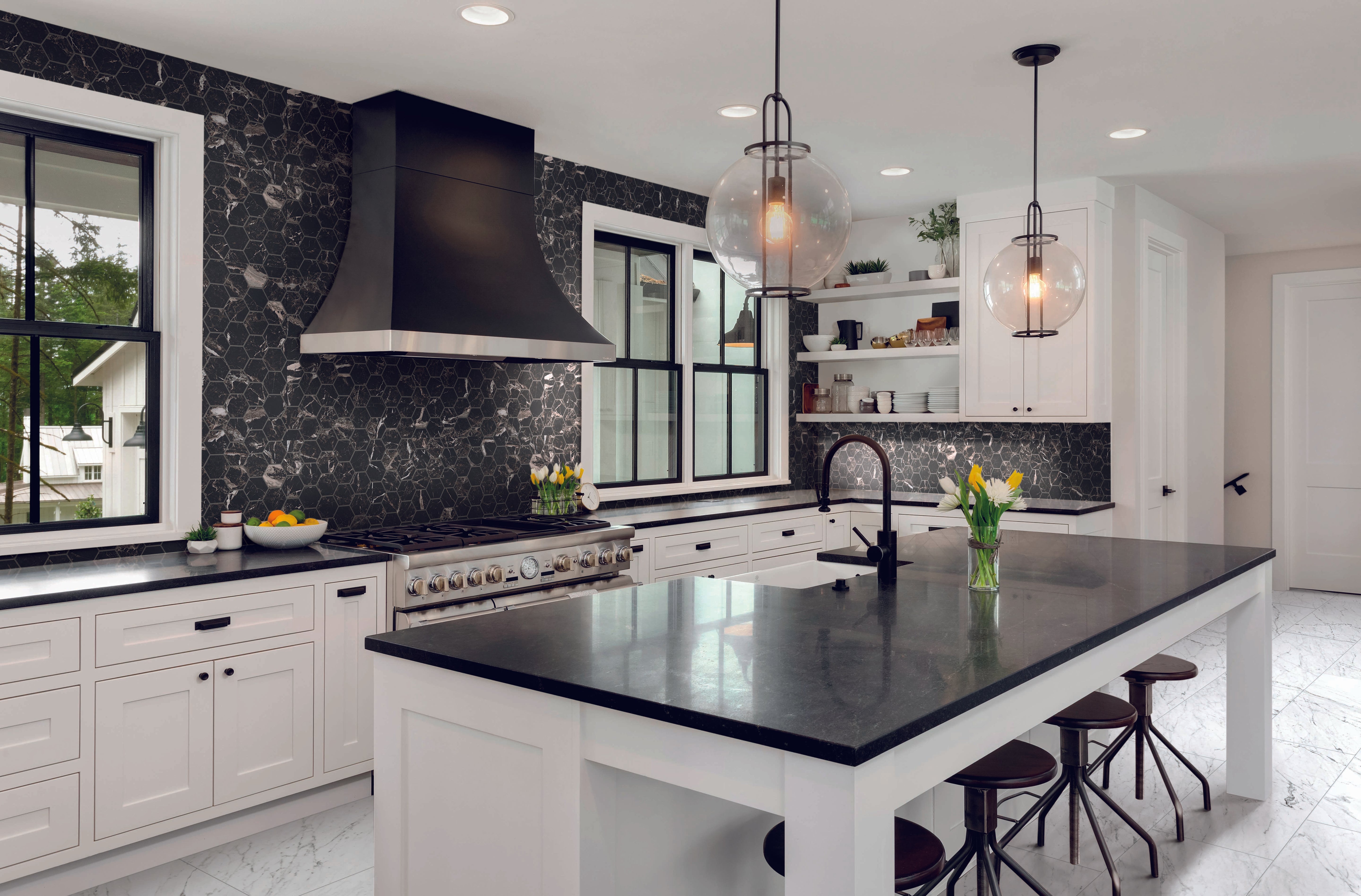 Marbles 3x3 Matte Porcelain Hexagon Mesh Mosaic Tile in Marmo Nero