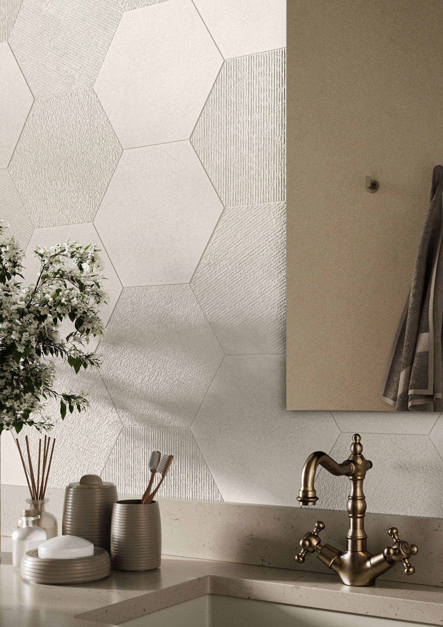 Shapes 10x10 Chiseled Hexagon Porcelain Tile in Pearl