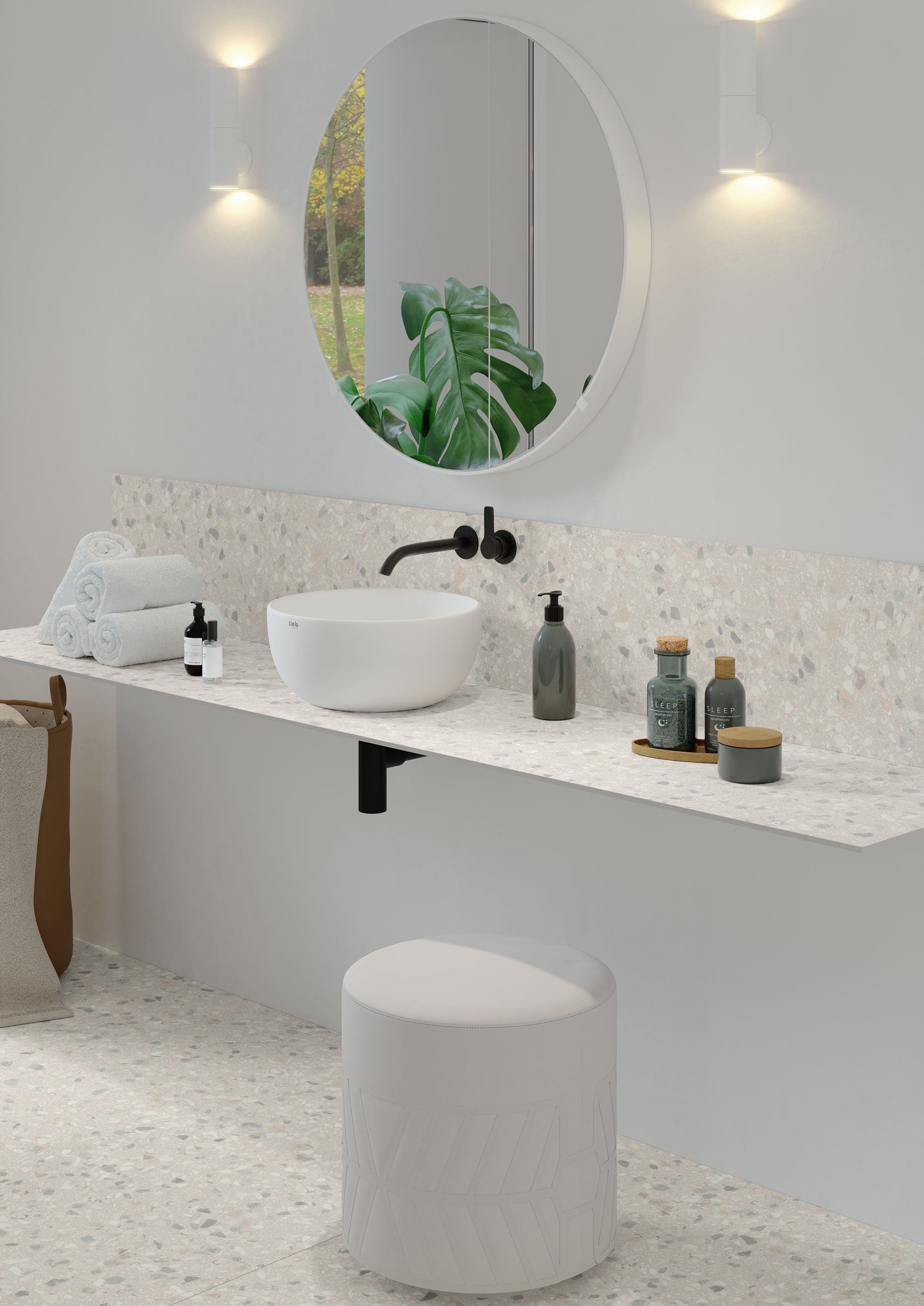 Terrazzo Allure™ Pre-Fab 32x96 Shark Nose Matte Porcelain Tile in Snow
